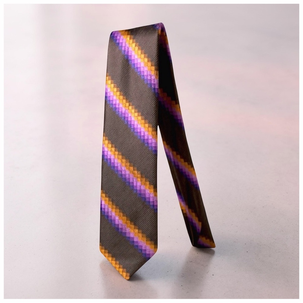 Bijan Handcrafted Silk Tie – Italy – Brown, Purple, Gold Stripes